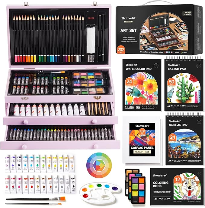 Shuttle Art Deluxe Gift Art Kit, 202-Piece Wooden Art Supplies Set with 4 Drawing Pads, Canvases, Coloring Sheets, Acrylic Paint, Crayons, Oil Pastels, Colored Pencils for Kids