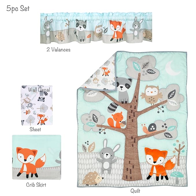 Bedtime Originals Woodland Friends Animals Mint/Gray 5-Piece Crib Bedding Set