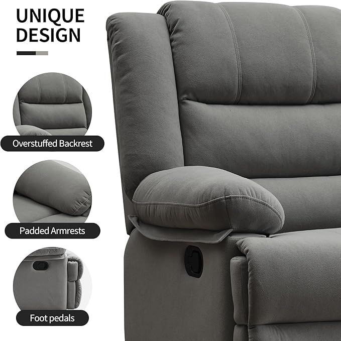 Swivel Rocking Recliner Chair for Adults, Overstuffed Manual Glider Rocker Recliner Chairs, Upholstered Reclining Single Sofa for Living Room Nursery (Grey)