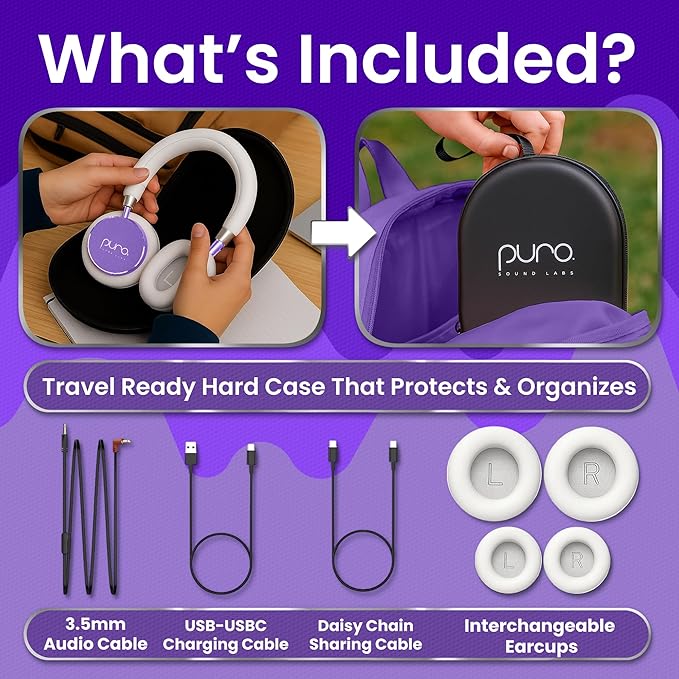 Puro Sound Labs BT2200 Plus Kids Bluetooth Headphones – Volume-Limiting 85dB, Studio-Grade Audio, Over-Ear & Comfy Design, 20-Hour Battery Life, Easy to Connect Wireless Headphones for Kids, Purple