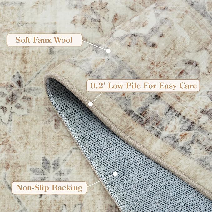 LIVEBOX Washable Area Rug 9x12 Rugs for Living Room Bedroom, Non-Slip Boho Neutral Carpet for Dining Room Office, Low-Pile Farmhouse Soft Carpets for Kids Nursery Room Playroom, Tan