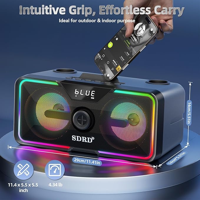 SD-215 Bluetooth Karaoke Machine for Adults & Kids- 2 Wireless Mics, 80W Powerful Sound, Rechargeable,15-Hour Playing, 6500mAh, LED Lights, Supports BT/USB/AUX for Home Parties Outdoor Gatherings