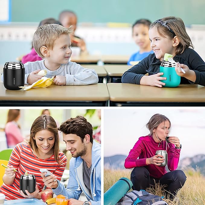 Insulated Food Container 17 oz Soup Thermo for Hot Food Kids Adults, Stainless Steel Vacuum Lunch Box with Folding Spoon, Adult Kids Thermo Portable with Handle for School, Office, Outdoor