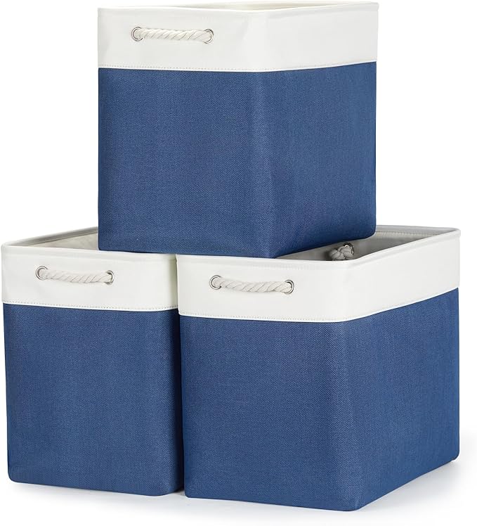Bidtakay Extra Large Storage Baskets for Shelves 3 Pack Fabric Storage Bins for Organizing Linen Collapsible Organizer for Closet-White&Blue