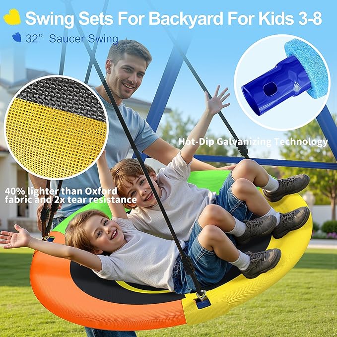 440lbs Kids Swing Set, 3-in-1 Outdoor Playground with Saucer Swing, Belt Seat & 4ft Trampoline, Heavy Duty A-Frame Metal Stand & Safety Stakes, Backyard Playset for Toddlers 3-8 Years Old