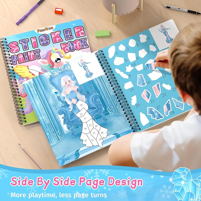 PERRYHOME 3PCS Sticker by Number Paint Books for Girls Ages 4-8, Unicorn Mermaid Frozen Themes Sticker Activity Books, Girls Crafts Party Birthday Christmas Gifts Toys