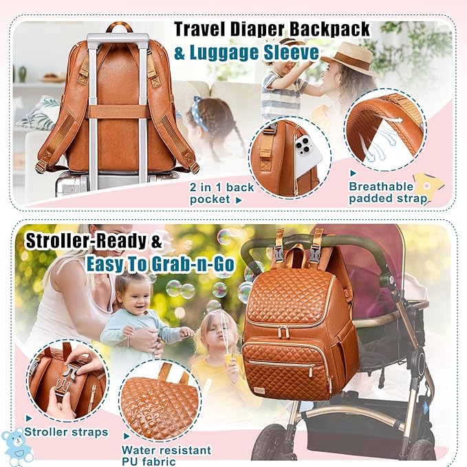Weitars Diaper Bag Backpack Leather Baby Diaper Bag with Changing Pad Travel Diaper Backpack,Baby Bag for Mom,Stroller Straps,5 Insulated Pockets (Brown Leather)