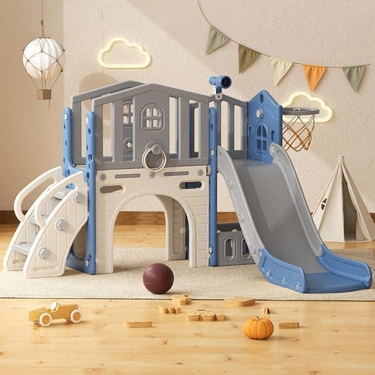 YUFU 8 in 1 Toddler Slide Set, Kids Slide for Toddlers Age 1-3, Toddler Playset with Climber, Basketball Hoop and Ball, Outdoor Indoor Playground for Toddlers 1-3 (Blue+Gray)