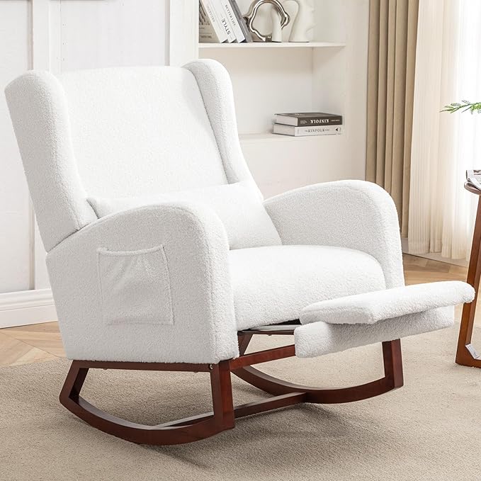 Rocking Chair Nursery,Teddy Nursery Rocking Chairs with Foot Rest, Sherpa Nursing Chair Glider Rocker with Wingback and Pillow for Living Room, Bedroom, White