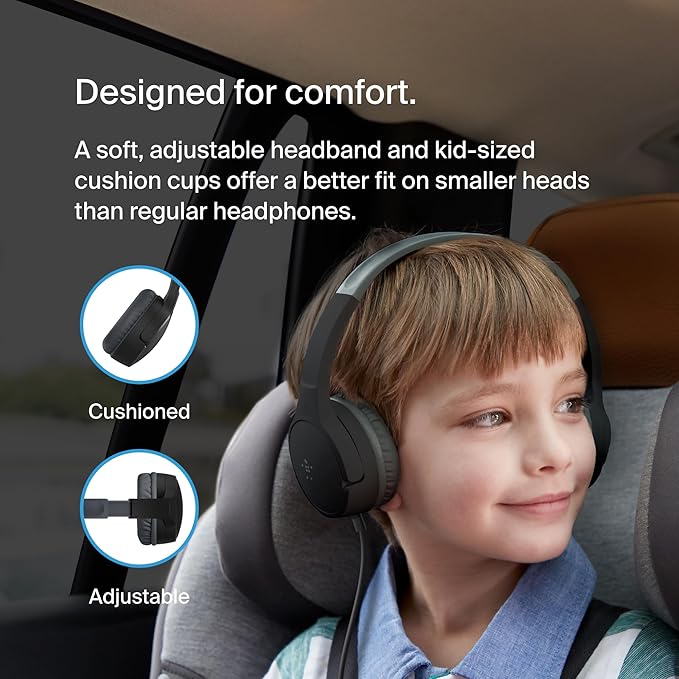 Belkin SoundForm Mini Kids Wired Headphones with Built-in Microphone & Fun Stickers, 85dB Safe Volume Limit – for Online Learning, Travel, Compatible w/iPhone 15, iPad, Galaxy S23, & More - Black