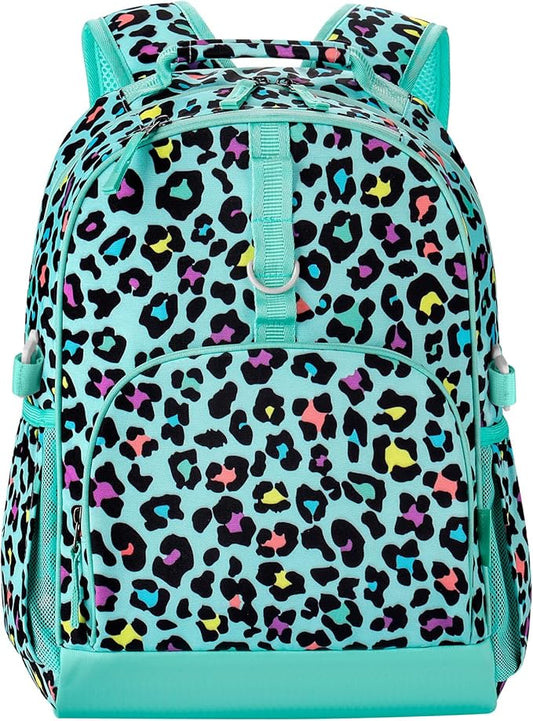 Choco Mocha Cheetah Backpack for Girls, Elementary School Backpack for Girls Ages 6-8 Kids Kindergarten Backpack Large Bookbag 18 Inch with Chest Strap, Green