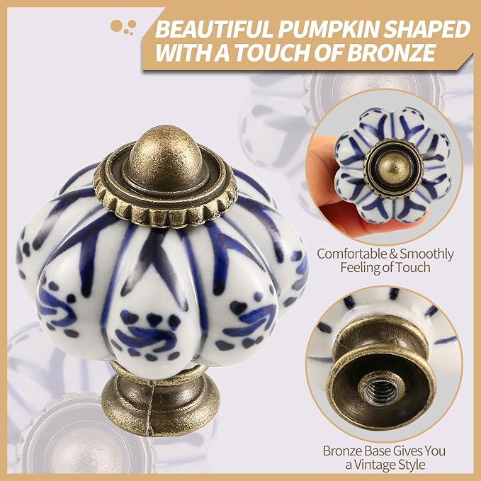 Ivory & Deep Blue Pumpkin Knobs 12 Pack Ceramic Cabinet Knobs Vintage Drawer - Image 3
