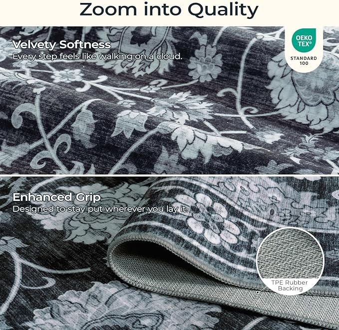 Black 8x10 Area Rugs for Living Room, Washable Large Bedroom Rug, Soft Non Slip Floral Carpet, Stain Resistant Low Pile Carpets for Indoor Under Table Dining Home Office Nursery, Black