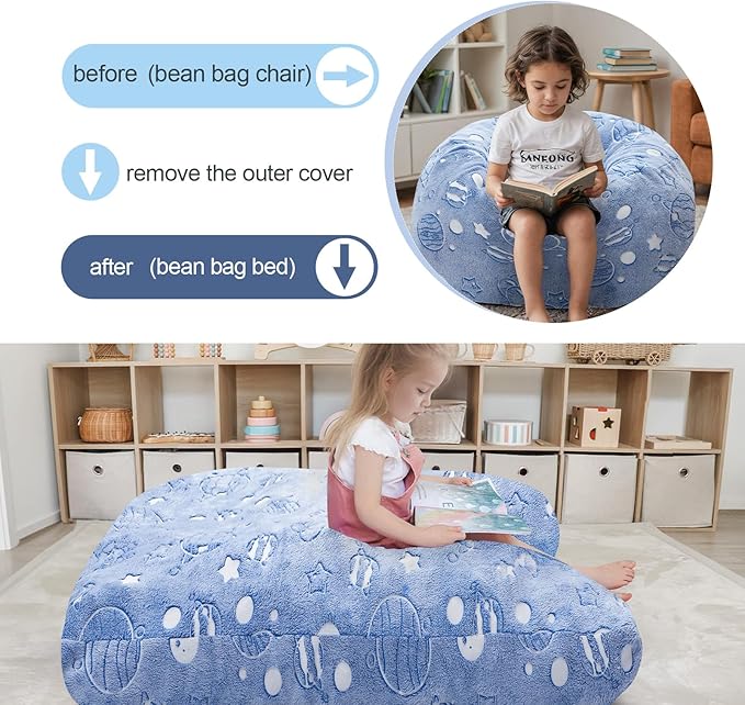 COMAX Kids Bean Bag Chair Turn into Beanbag Bed, Unicorn Toddler Bean Chair for Girl Boy Sleeping, Lazy Children Sofa Couch with Filler, Convertible Child Floor Mattress, Glowing Space