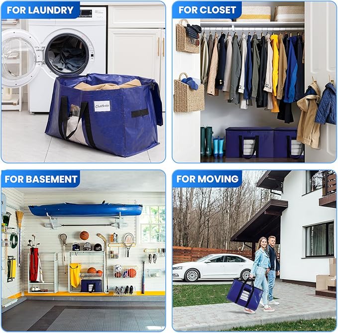 TAILI 4 Pack Dark Blue Extra Large Moving Bags, Heavy Duty Totes with Visible Window, Wrap Around Handles, Great for Storage