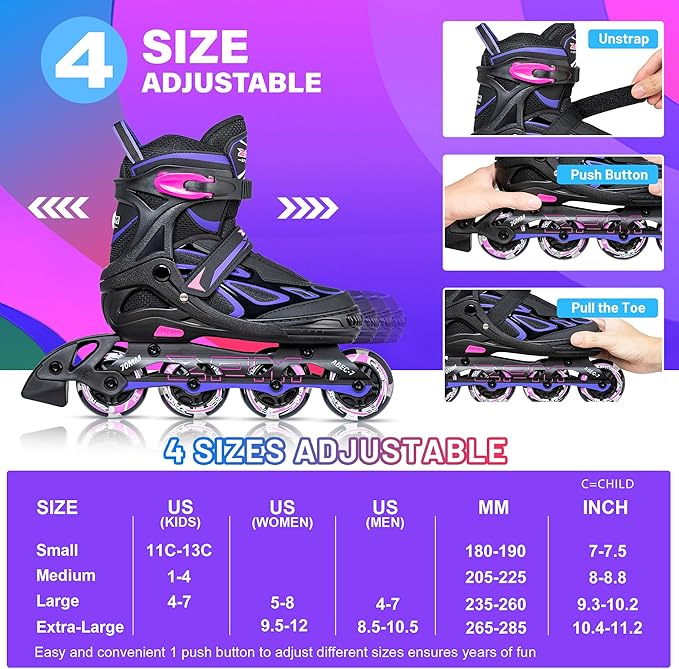 2PM SPORTS Vinal Girls Adjustable Flashing Inline Skates, All Wheels Light Up, Fun Illuminating Skates for Kids Men Adult Women and Boys