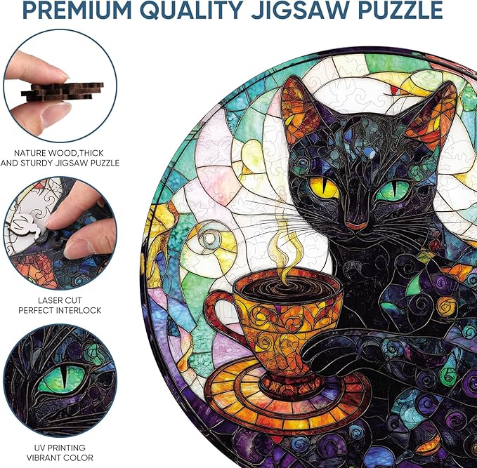 Reouinty Wooden Puzzle for Adults, Black Cat Wooden Jigsaw Puzzles(11.2 * 11.2in-200pcs), Unique Animal Shape Wood Cut Puzzles Best Gift for Adults and Kids Family Game