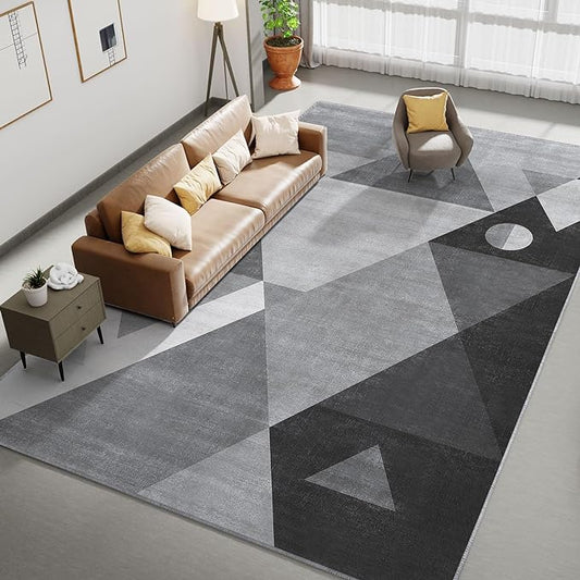 HOMFINE Washable Modern Area Rug - Geometric Style 9x12 Rugs for Living Room, Bedroom, Machine Washable Rug Soft Non Slip Non Shedding Area Rug - Grey, 9'x12'