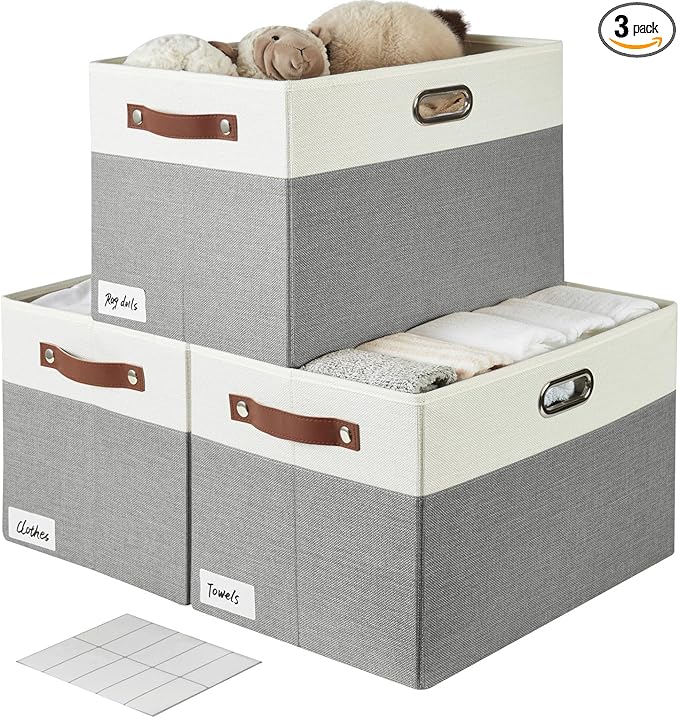 Large Collapsible Fabric Storage Bins with 3 Handles, Foldable Organizer Baskets for Closet, Shelves, Living Room | 3 Pack, Durable PU & Metal Handles (17"x11.8"x11.8", Gray & White)
