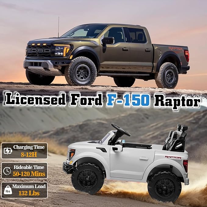 24V Ride on Car Licensed Ford F-150 Raptor, Kids Electric Car with Remote Control, LED Light/Music/MP3, Truck Bed Storage, 3-Point Seat Belt (24V, White)