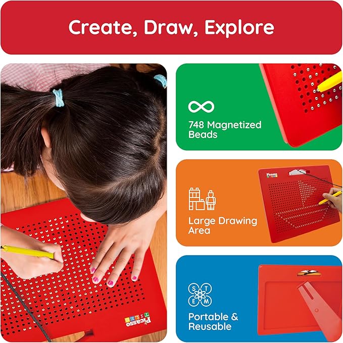 Picasso Toys Magnetic Drawing Board 12x10 inch Large 748 Bead Magnet Tablet Pad Erasable Reusable Writing Playboard STEM Toys Educational Playset Open-Ended Learning Kit Child Brain Development PTB01