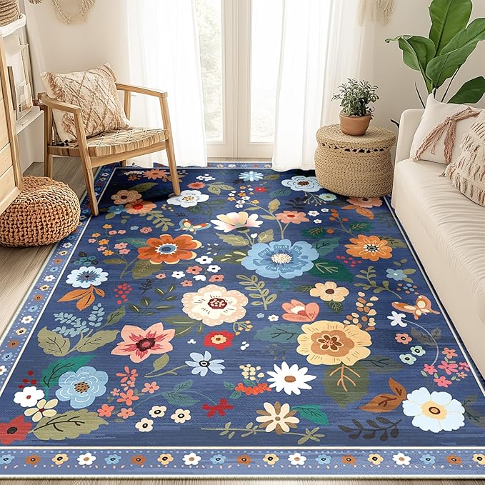 Floral 3x5 Area Rug Machine Washable Soft Print Boho Carpet Non Slip Doormat Low Pile Flower Area Rugs for Living Room Bedroom Nursery Kitchen Dining Room Indoor-Blue/Grey