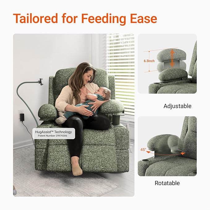Rocking Chair Nursery with Adjustable Armrests, Electric Glider Recliner Nursing Chair for Breastfeeding, Power Swivel Recliner Chairs with USB Port and Storage, FSC Certified (Moss, Fabric)