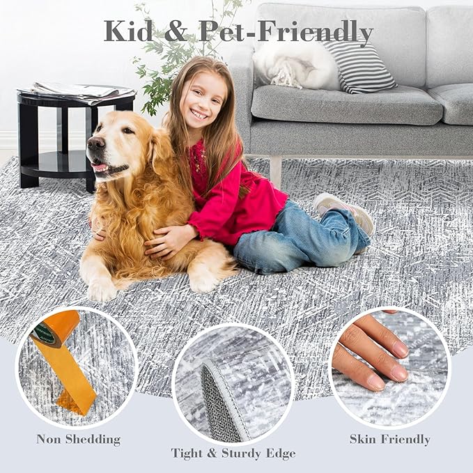 COZYLOOM Large Area Rug 8x10 Machine Washable Area Rugs for Living Room Modern Abstract Mats Non Slip Geometric Accent Carpet Stain Resistant Foldable Mats for Dining Room, Nursery, Grey