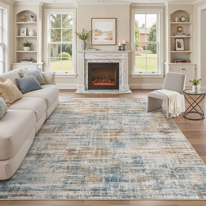 Area Rug for Living Room: 7x9 Washable Neutral Abstract Modern Soft Rugs Non Slip Indoor Floor Stain Resistant Large Carpet for Bedroom Dining Room Office Nursery - Blue Brown