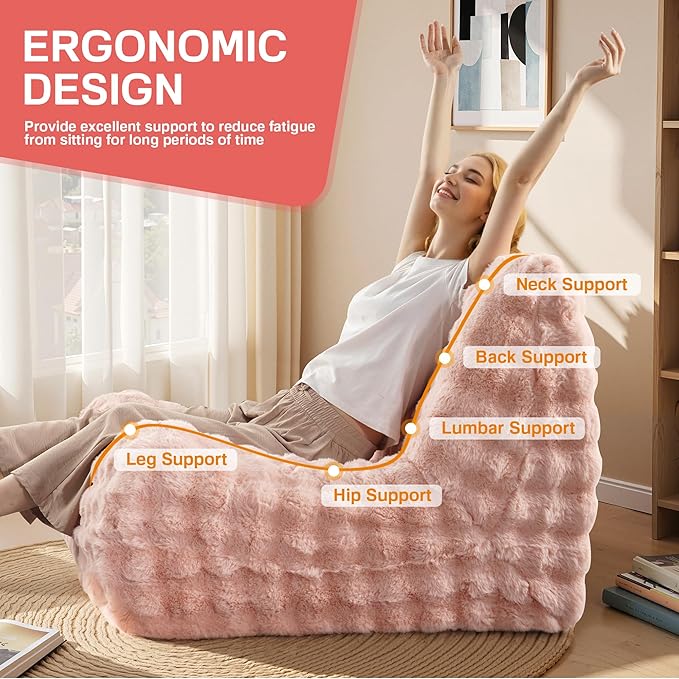 Modern Bean Bag Chair, Large Bean Bag Couch for Adults with Memory Foam Filled, Soft Faux Bunny Fur Lazy Chair for Living Room Bedroom Dorm Apartment, No Assembly Required, Pink