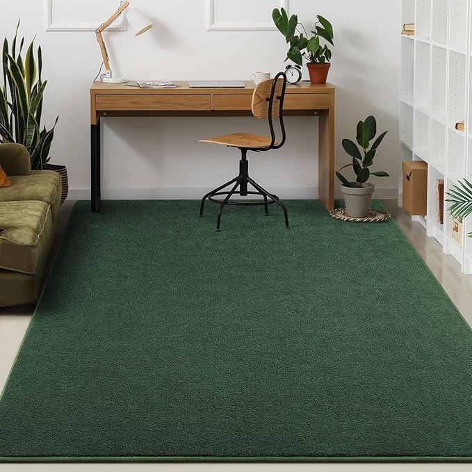 Kimicole 5x8 Washable Area Rugs for Bedroom Living Room, Low Pile Ulta-Thin Solid Color Rug, Non-Slip Soft Fluffy Carpet for Nursery Kids Room Dorm Room Home Decor (Dark Green)