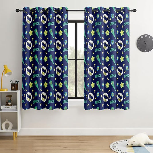 Kids Space Alien Blackout Curtains - 100% Blackout, Thermal Insulated, Noise Reducing, Perfect for Kids Room and Nursery, 2 Panels (Friendly Alien, W52×L63)