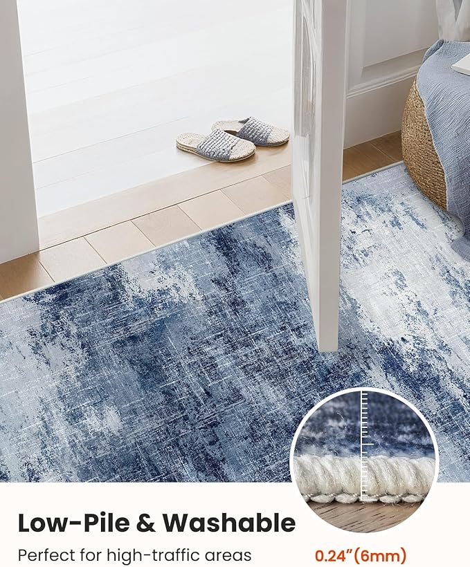 Amada 8x10 Washable Area Rug, Modern Abstract Living Room Rug with Non-Slip Backing & Short Pile, Large Rug with Abstract Pattern for Living Room, Bedroom and Dinning Room, Dark Blue