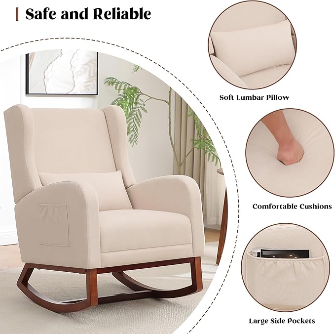 Rocking Chair Nursery, Nursery Rocking Chairs with Foot Rest, Comfy Fabric Glider Rocker Nursing Chair with High Back for Nursing, Living Room, Bedroom, Beige