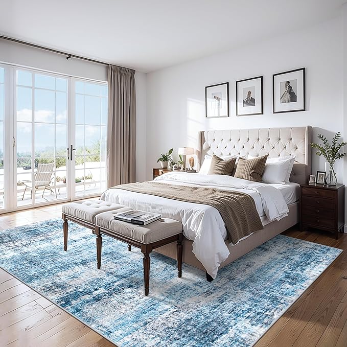 Area Rugs 10x14 Living Room - Washable Rug Modern Abstract Soft Large Neutral Non-Slip Carpet Indoor Floor Thin Carpets for Bedroom Dining Room Farmhouse Nursery Home Office Blue Grey