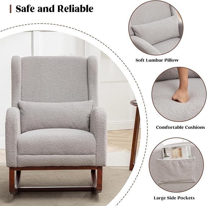 Rocking Chair Nursery with Foot Rest, Wingback Nursery Rocking Chairs, Teddy Nursing Glider Rocker Chair with Pillow and High Back for Nursery, Living Room, Bedroom, Grey