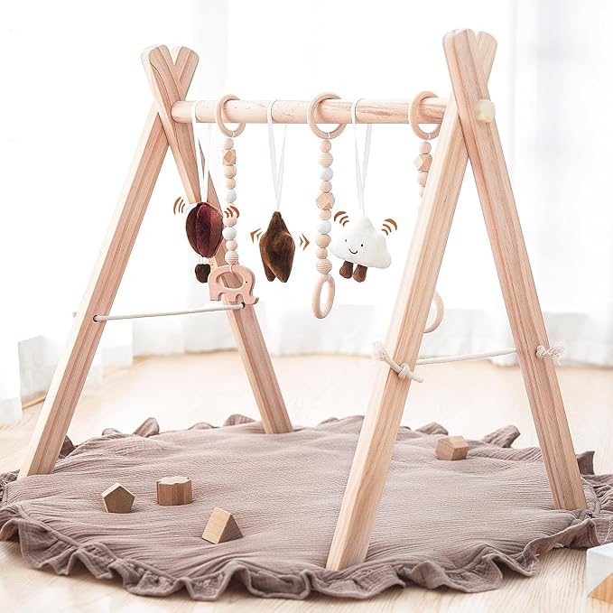 Razee Wooden Baby Play Gym Play Mat, Foldable Baby Gym with 6 Hanging Sensory Toys for Newborn Shower Gift
