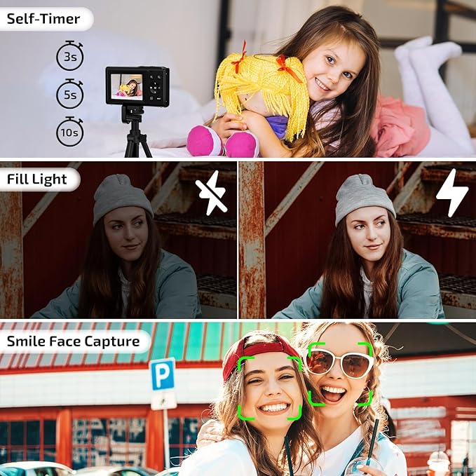 Upgrade Digital Camera, FHD 4K 44MP Autofocus Digital Point and Shoot Video Camera with 16X Zoom, 32GB SD Card, Compact Digital Camera Cheap for Teens Boys Girls Kids Black Camera