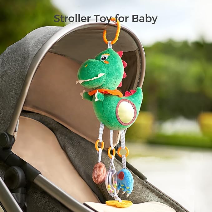 TUMAMA Baby Toys for 3 6 9 12 Months, Dinosaur Hanging Rattle Toys Crinkle Squeaky Sensory Toys with Mirror, Bell, Car Seat Stroller Mobile Toys for Boys, Girls Newborn Infant Toddler