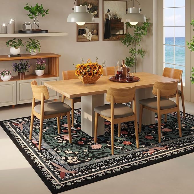 5x7 Washable Rug Vintage Floral Botanical Area Rug Non Slip Low Pile Large Rugs for Living Room, Bedroom, Farmhouse, Dining Room, Kids Playroom, Black