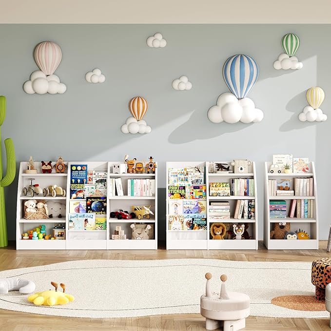 Kids Bookshelf and Toy Organizer,4 Tier Kids Book Shelf for Kids Rooms,Wood Children Bookcase,Baby Storage Book Rack,Toddler Bookshelf,Toy Storage Organizer,Book Display Shelf for Playroom, Nursery