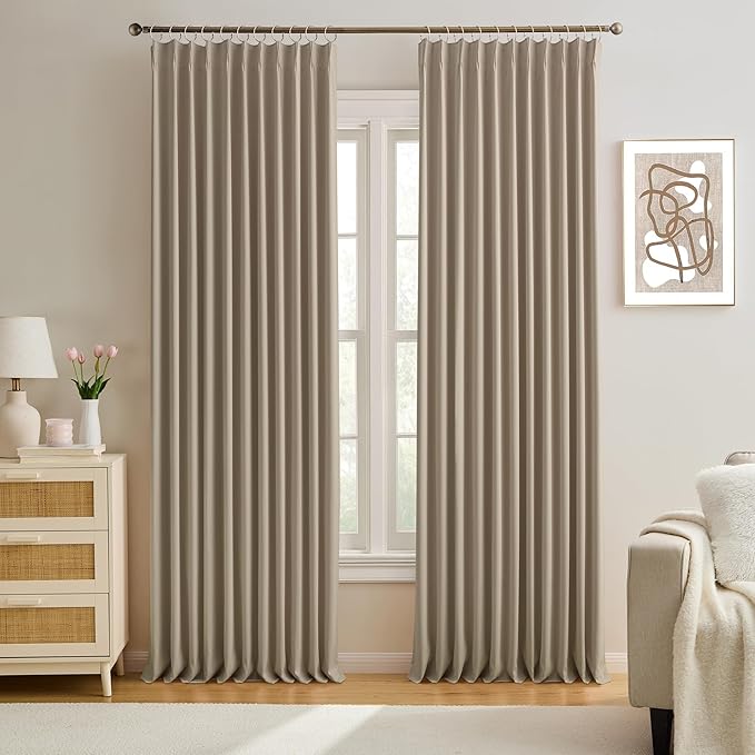 KEQIAOSUOCAI Pleated Blackout Curtain Drapes for Window 84" L - Triple Weave Energy Saving Solid Pinch Pleat Hook Thermal Room Divider Blackout Panels for Patio (72" Wide per Panel, 2 Panels, Khaki)