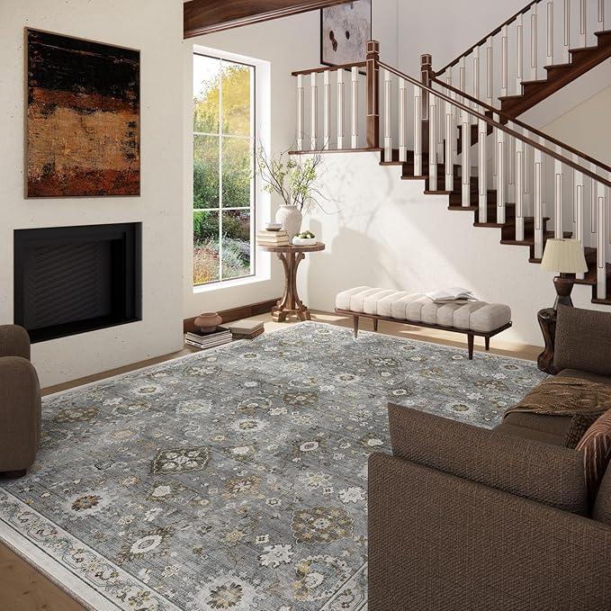 Machine Washable Rug for Living room: 8x10 Area Rugs Boho Vintage Rugs Stain Resistant Non Slip Low Pile Lightweight Soft Carpet for Bedroom Kitchen Dining Room Nursery Kids Room Farmhouse Home Office