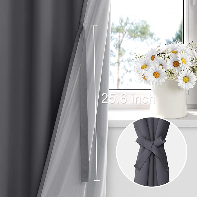 XWZO Full Shading Blackout Curtains 72 Inches Length - Heat and Light Blocking Rod Pocket Window Drapes with Black Liner Backing for Bedroom Sewn with Tiebacks, Dark Grey, W52 x L72, Set of 2