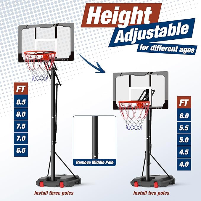 Mayfire Kids Basketball Hoop Adjustable Height 4-8.5 FT, Portable Basketball Goal System with 33'' Shatterproof Backboard for Kids Youth Teens in Driveway, Backyard, Outdoor Play