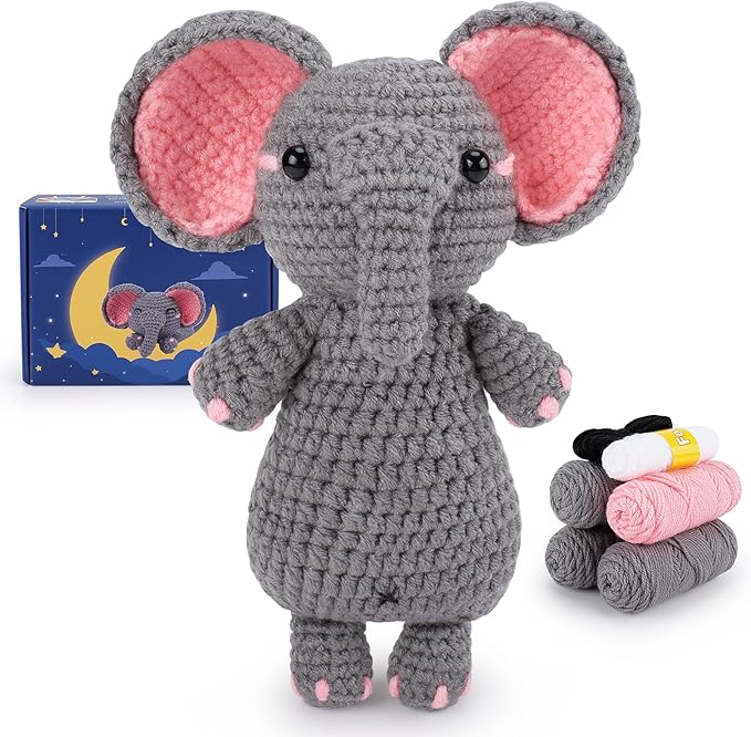 Crochet Kit for Beginners - Elephant Crochet Kits with Step-by-Step Video Tutorials, Beginner Crochet Kit for Adults, Crochet Animal Kit for Kids, Goodnight Elephant Crocheting Set (Grey)