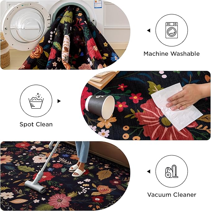 Rug Runners 2x6, Floral Washable Kitchen Rugs for Hallways Area Rugs, Non Slip Long Rug Low Pile Entrance Doormat, Flower Carpet for Kitchen, Entryway Indoor, Bedroom, Bathroom, Laundry, Black