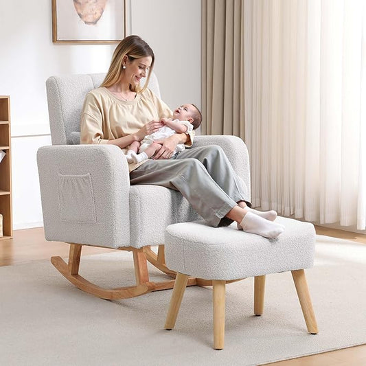 Rocking Chair with Ottoman, Upholstered Nursing Glider Rocker with High Backrest and Side Pocket, Comfy Reading Chair with Solid Wood Legs for Nursery/Living Room/Bedroom White