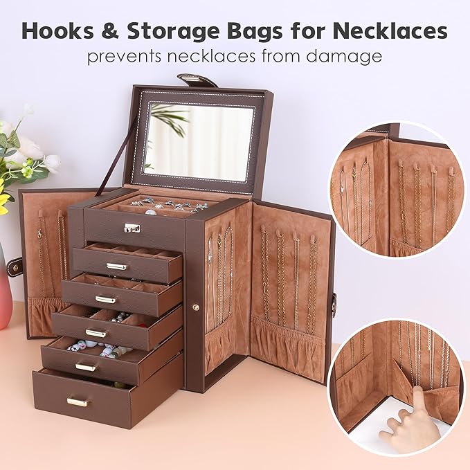 Kendal Jewelry Box, 6-Layer Jewelry Storage Organizer for Necklace Bracelet Rings Watch, 10.2"x8.2"x6" Classic Brown PU Leather 5 Drawers Large Storage Capacity with Mirror