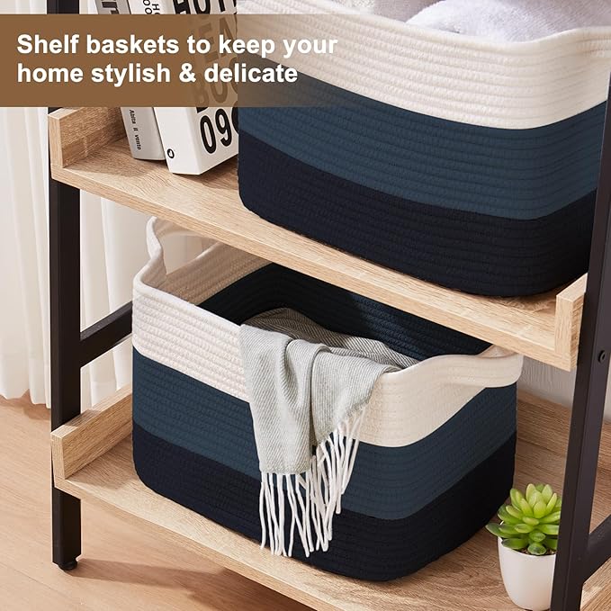 Storage Basket for Organizing, Woven Baskets for Storage, Rectangle Decorative Baskets for Shleves, Closet, Toys, Books, Nursery Organizer Bins - Pack of 3 (Gradient Blue)